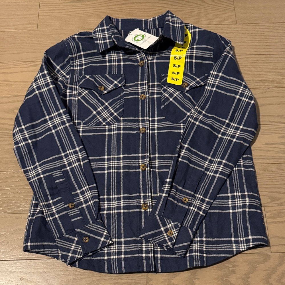 Size 6 Frank & Oak Blue & White Plaid Button Down Shirt